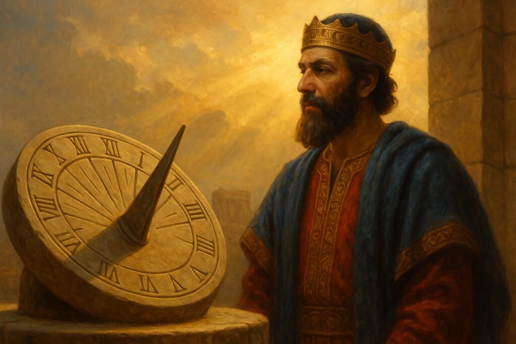 King Hezekiah standing by a sundial as God reverses time, illustrating Isaiah 38:8, divine reset, and timing realignment