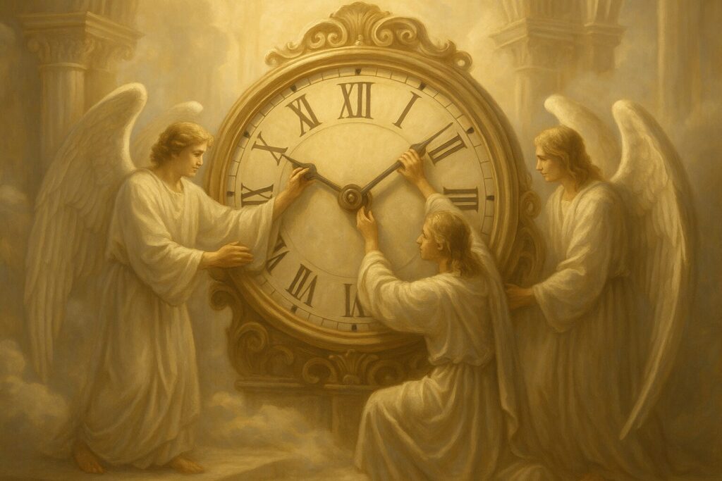 Angels adjusting a large heavenly clock in the Court of Times and Seasons, symbolizing divine reset, spiritual alignment, and God's authority over time